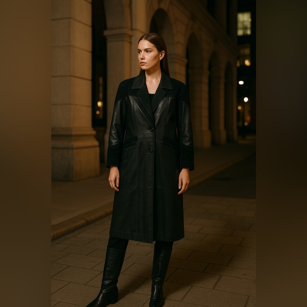 Fitz Wright Vintage Black Leather Suede Paisley Trench Coat Size S Oversized